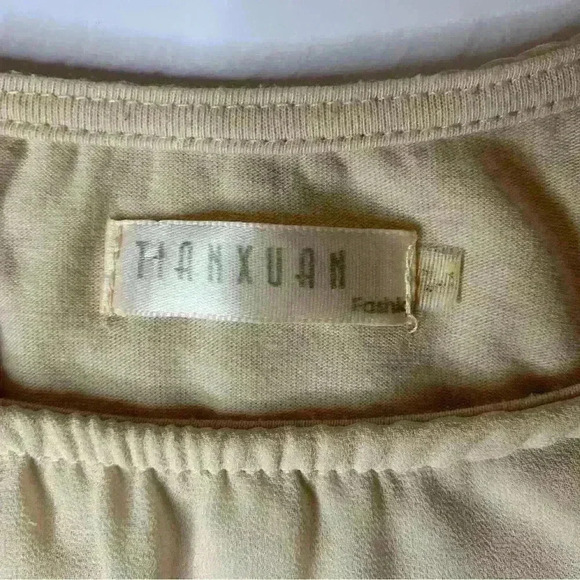 Tianxuan Beige Top Asymmetrical Sleeve. Sheer Overlay. - Picture 5 of 5